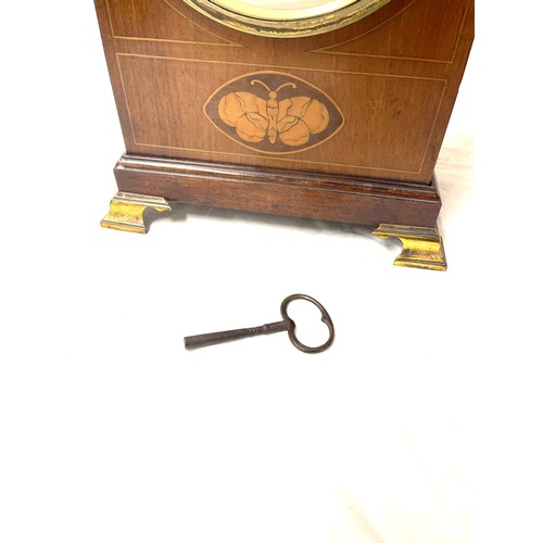 97 - Edwardian inlaid bracket clock, with broken glass, with key, Maple and Co Paris and London