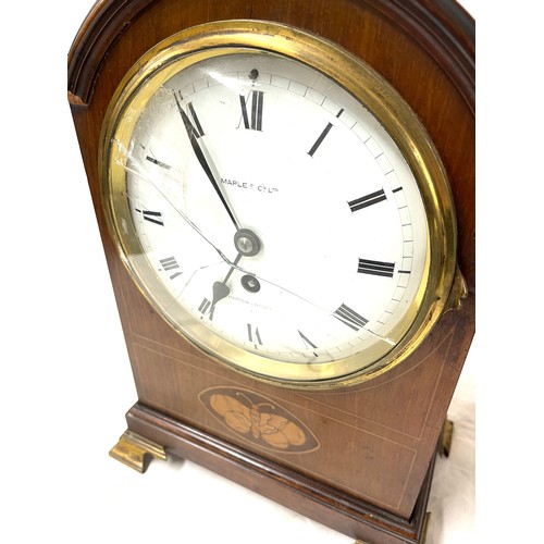 97 - Edwardian inlaid bracket clock, with broken glass, with key, Maple and Co Paris and London