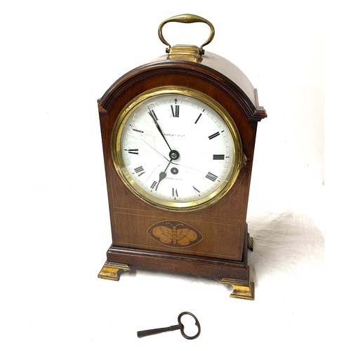 97 - Edwardian inlaid bracket clock, with broken glass, with key, Maple and Co Paris and London