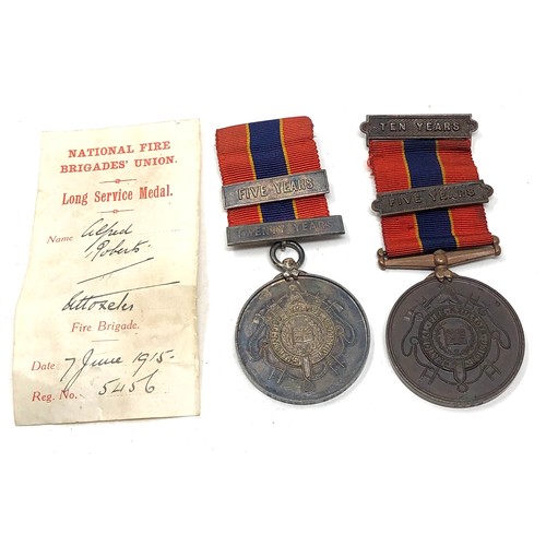 415 - Silver & Bronze Fire brigade long service medals to alfred roberts award notice dated 1915