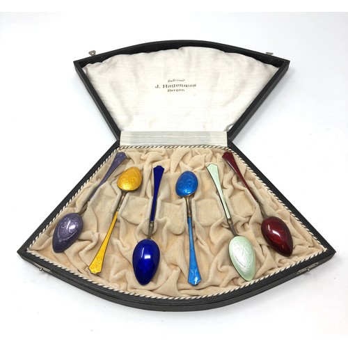 61 - Continental silver & enamel tea spoons boxed minor wear to 1 spoon as shown