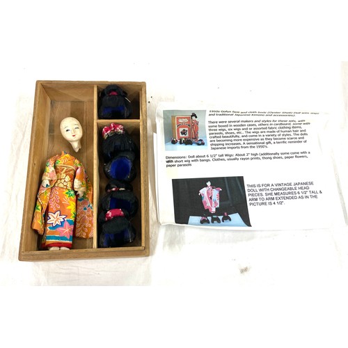 25 - Vintage Japanese Geisha girl doll with 5 real human hair wigs in wooden box, needs repair