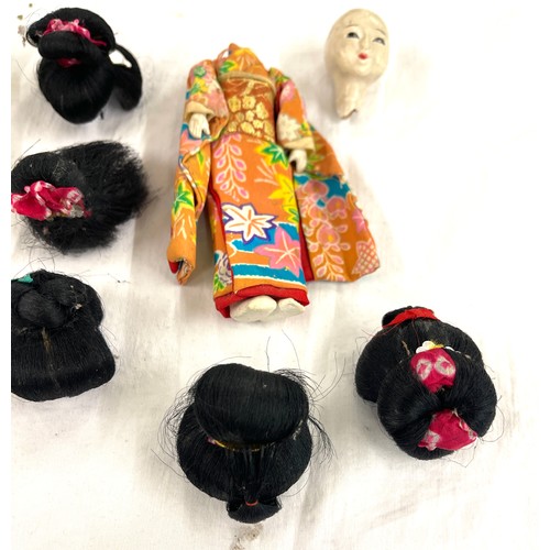 25 - Vintage Japanese Geisha girl doll with 5 real human hair wigs in wooden box, needs repair