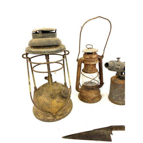 43 - Selection of items to include 2 Tilley lamps, 2 parafin lamps etc