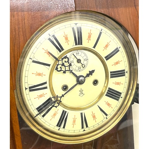 4 - Double weight 2 key hole Vienna wall clock, complete apart from 1 finial missing, approximate length... 