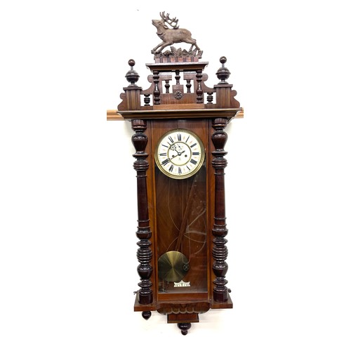 4 - Double weight 2 key hole Vienna wall clock, complete apart from 1 finial missing, approximate length... 