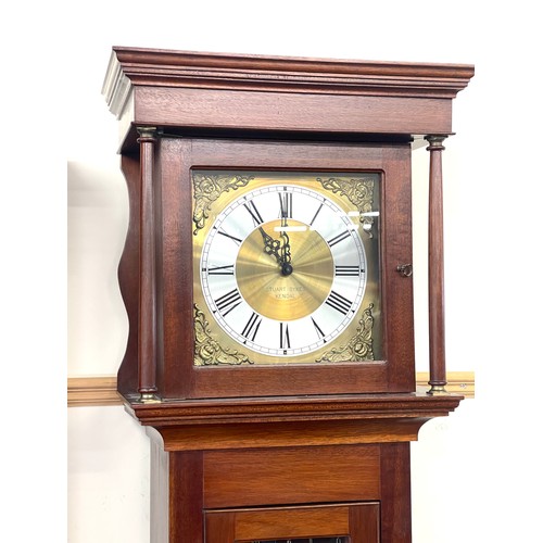 3 - Antique mahogany town clock, square top, glass door, Westminister chime, 8 day movement, brass dial,... 