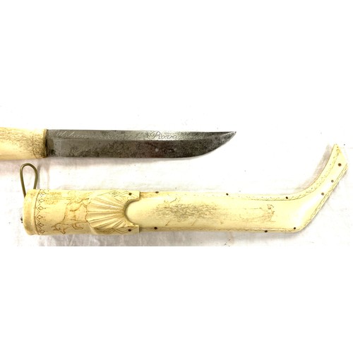 402 - Johannes laun bone puukko knife & scabbard finland scrimshaw decoration wolf sledge elk circa 1920s