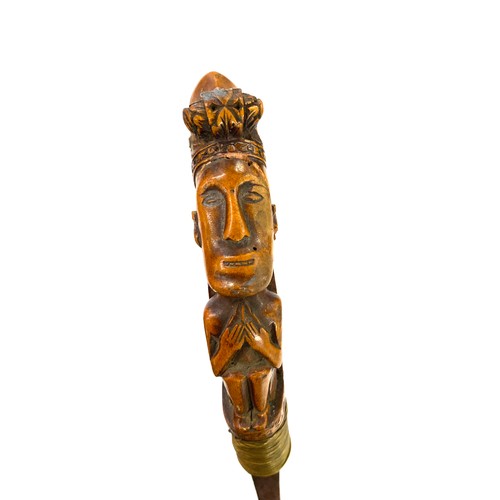 410 - Unusual rare Malaysian Klewang s type sword carved wooden handle of human form with monster head pom... 