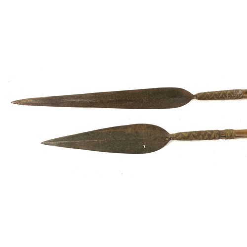 437 - 2 Zulu african tribal spears measure approx length geometric wire banding work  1.4 metre