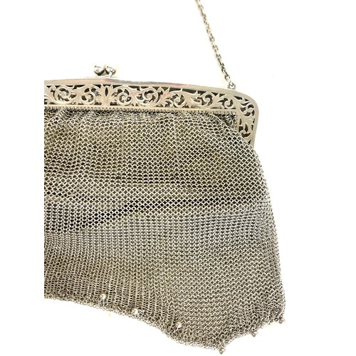 511 - Large silver chainmail purse, leather lined and chain approximate total weight 319g