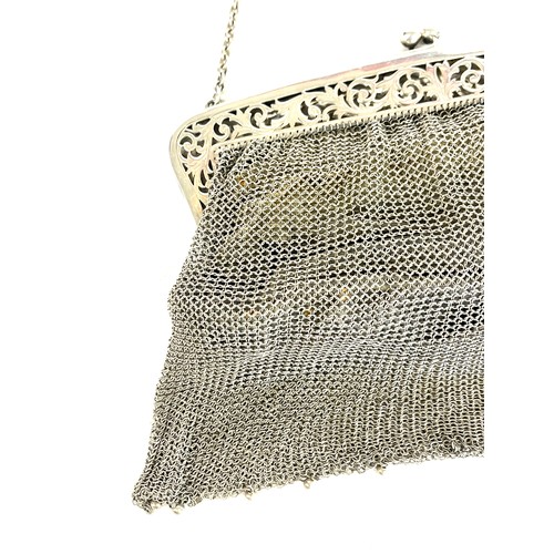 511 - Large silver chainmail purse, leather lined and chain approximate total weight 319g