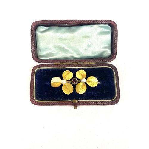 535 - Antique gold metal stone and pearl set leaf detail brooch, no markings with box , approximate overal... 