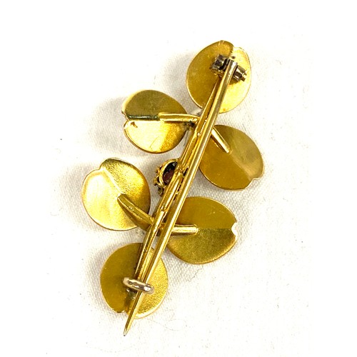 535 - Antique gold metal stone and pearl set leaf detail brooch, no markings with box , approximate overal... 