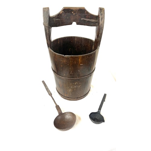 121 - Tall vintage wooden bucket with ladles measures approx 24