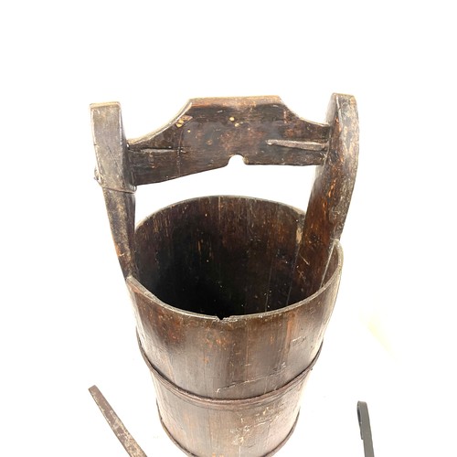 121 - Tall vintage wooden bucket with ladles measures approx 24