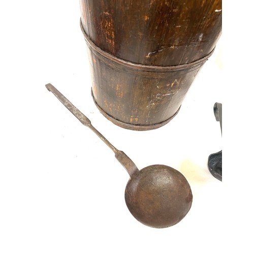 121 - Tall vintage wooden bucket with ladles measures approx 24