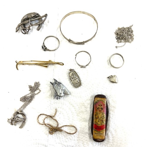 541 - Selection of silver and other jewellery, 9ct gold chain 2g (broken), coronation pocket knife