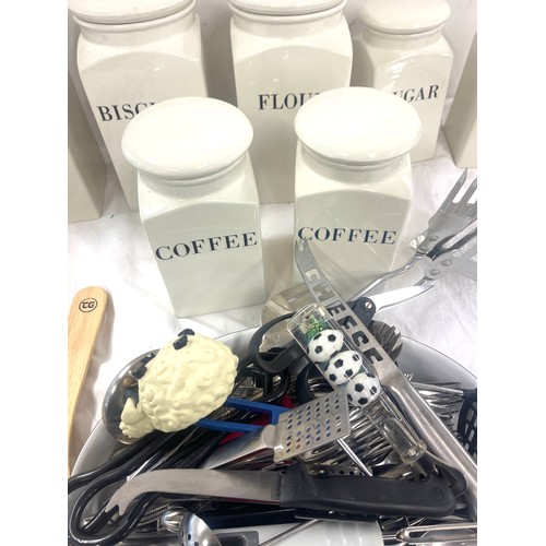 189 - Selection of condiment jars, kitchen utentils etc