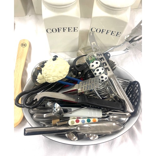 189 - Selection of condiment jars, kitchen utentils etc