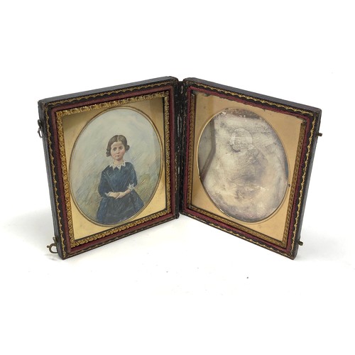 333 - Antique  Victorian oval miniature hand painted picture of a young girl with original daguerreotype i... 