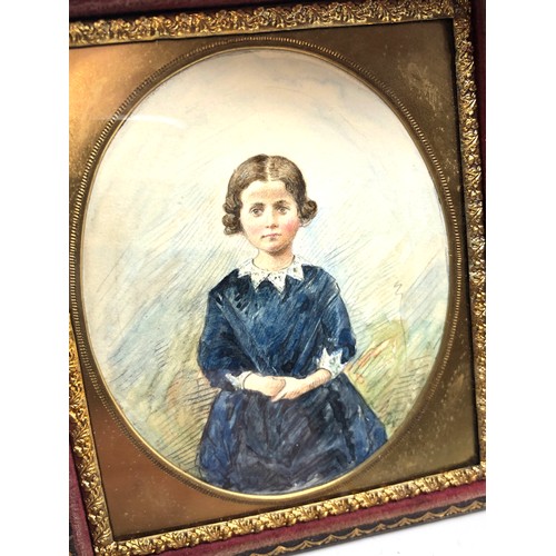 333 - Antique  Victorian oval miniature hand painted picture of a young girl with original daguerreotype i... 