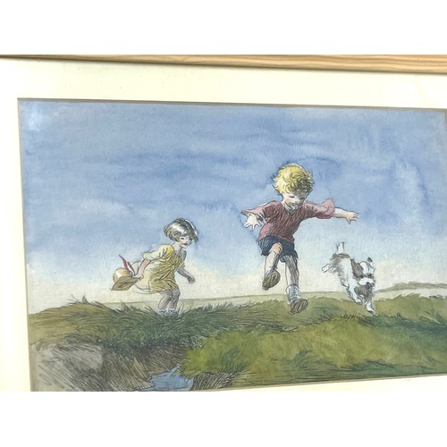 151 - 2 Small children print by E Soper, titled Leapfrog and Over the Hills, approximate frame measurement... 