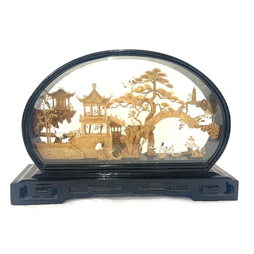 104 - Antique cork Japanese scene in wooden glass display, approximate measurements: 8.5 by 12.5 inches