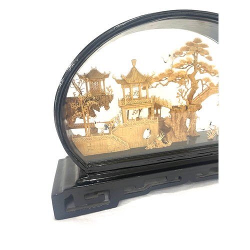 104 - Antique cork Japanese scene in wooden glass display, approximate measurements: 8.5 by 12.5 inches