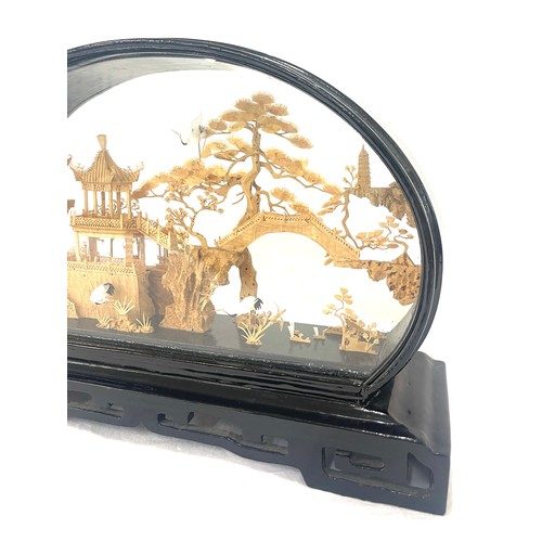 104 - Antique cork Japanese scene in wooden glass display, approximate measurements: 8.5 by 12.5 inches