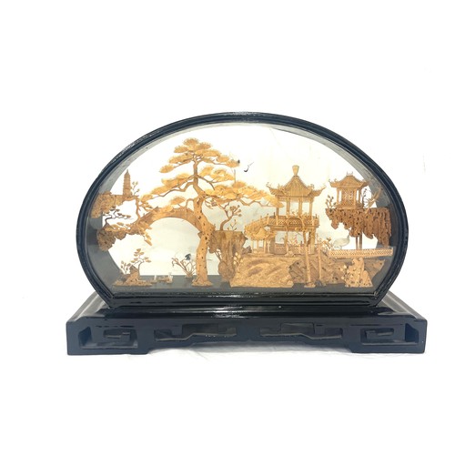 104 - Antique cork Japanese scene in wooden glass display, approximate measurements: 8.5 by 12.5 inches