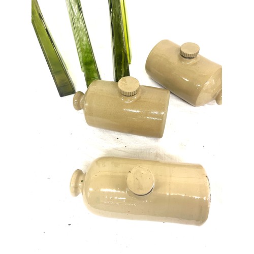 91 - 3 vintage Stone water bottles, 6 glass posy bottles