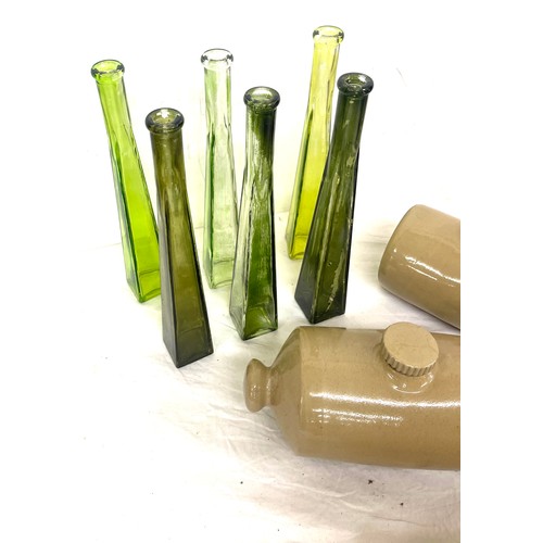 91 - 3 vintage Stone water bottles, 6 glass posy bottles