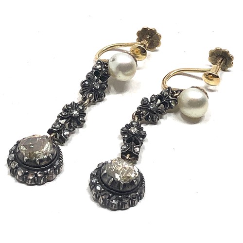 126 - A Fine pair of antique Rose diamond & pearl earrings gold backed &  silver fronted rose cut diamond ... 