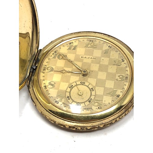 400 - Rajah vintage gold tone full hunter pocket watch working but no warranty given