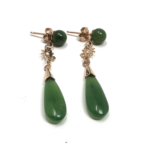 148 - A pair antique 9 ct  gold long drop nephrite earrings, with stud wires measure approx 4.8cm drop