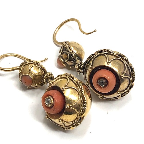 122 - A pair of antique 15ct gold coral & rose diamond  orb drop earring set with coral insets with rose c... 