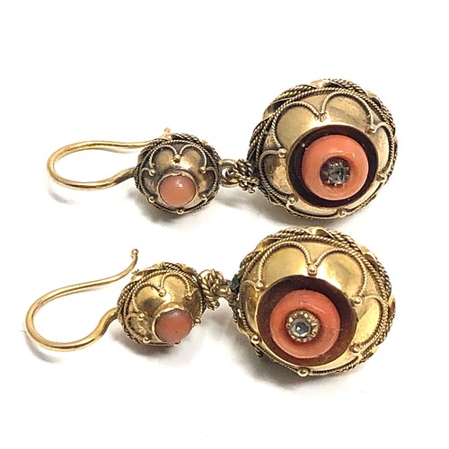 122 - A pair of antique 15ct gold coral & rose diamond  orb drop earring set with coral insets with rose c... 