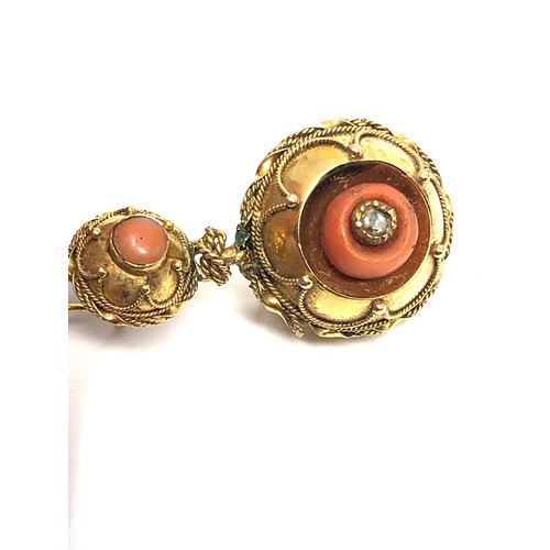 122 - A pair of antique 15ct gold coral & rose diamond  orb drop earring set with coral insets with rose c... 