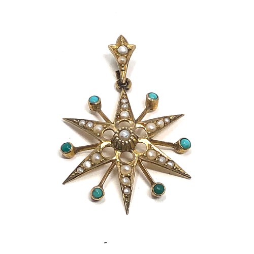 201 - Antique victorian 9 ct gold pearl & turquoise star pendant measures approx drop 37 x 27 mm