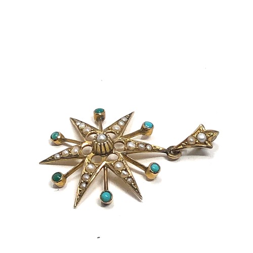 201 - Antique victorian 9 ct gold pearl & turquoise star pendant measures approx drop 37 x 27 mm