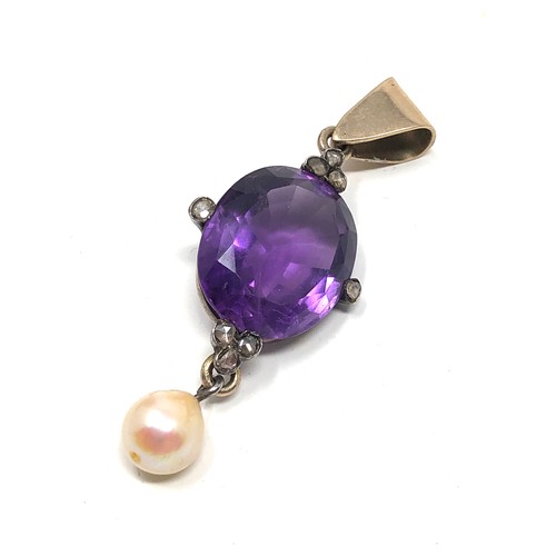 145 - An antique gold amethyst & rose diamond pendant, set with a natural amethyst with  rose cut diamond ... 