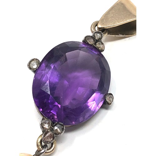 145 - An antique gold amethyst & rose diamond pendant, set with a natural amethyst with  rose cut diamond ... 