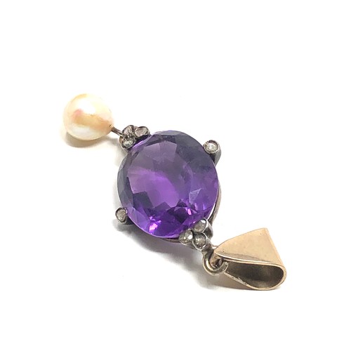 145 - An antique gold amethyst & rose diamond pendant, set with a natural amethyst with  rose cut diamond ... 