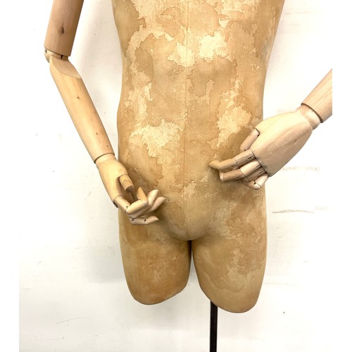 562 - Vintage wooden and fabric mannequin on metal base , overall height 190cm