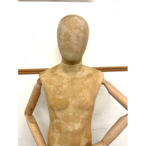 562 - Vintage wooden and fabric mannequin on metal base , overall height 190cm