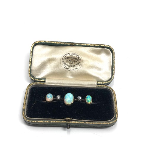 181 - Boxed antique 15ct gold opal & rose diamond brooch;  set three opal cabochons and two rose cut diamo... 