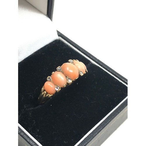 195 - An antique 18ct gold opal & rose diamond ring with five coral cabochons, with small rose   diamond h... 