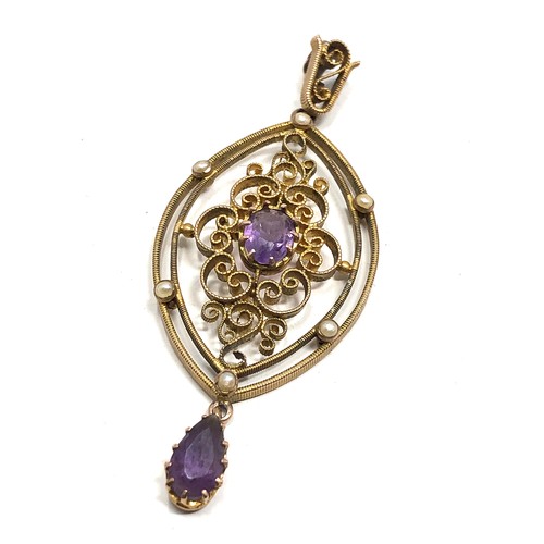 174 - Antique 9 ct gold amethyst & pearl pendant with open worked wire style body and set with  2 amethyst... 