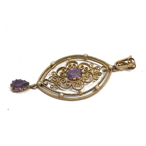 174 - Antique 9 ct gold amethyst & pearl pendant with open worked wire style body and set with  2 amethyst... 